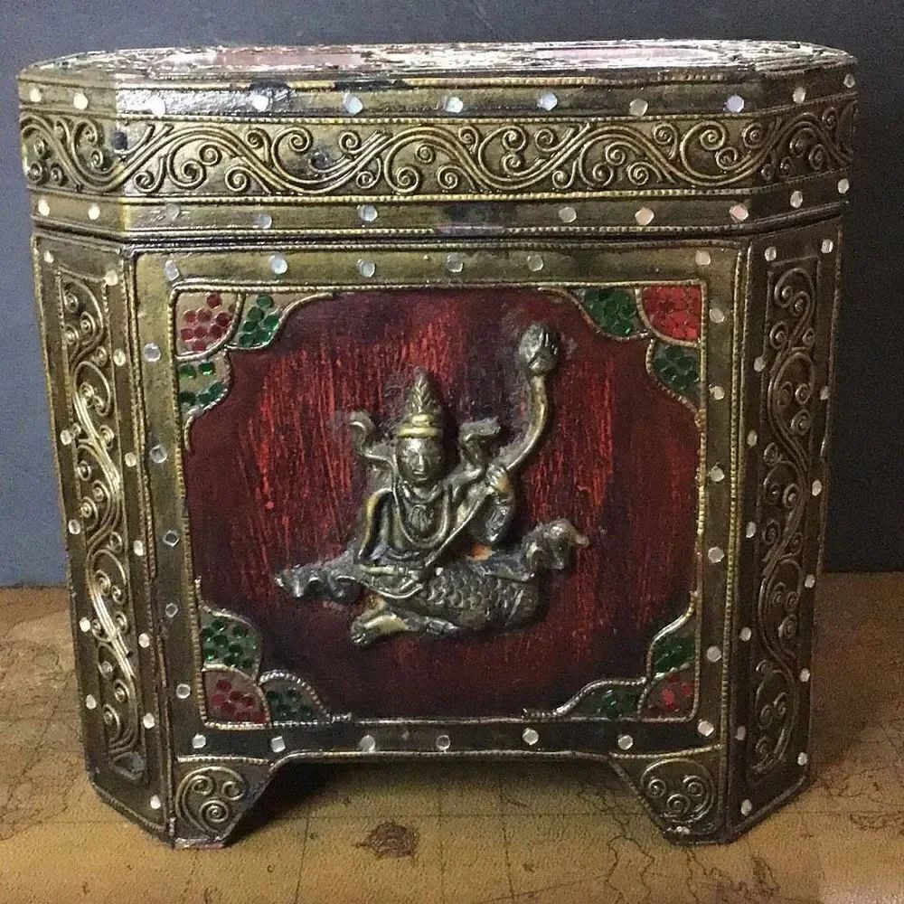 Vintage ornate, handmade, trinket box with Indian God figure 9 1/4 inches tall a
